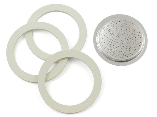 BIA-800032 - Bialetti, 3 Dichtungen + 1 Filter 2 Tassen für Aluminium Espressokocher