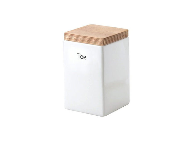 3913000 - Continenta - Vorratsdose Keramik mit Holzdeckel weiß 10x10x16,5cm