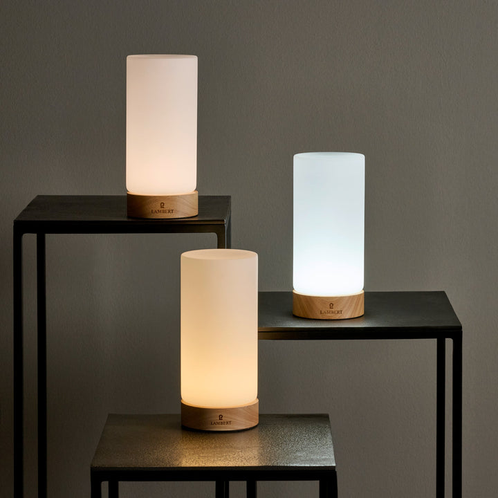 LAM - 47010 - Lambert - Magicee LED Leuchte, Holzfuß, Glaszylinder weiß, H 23cm, D 10cm