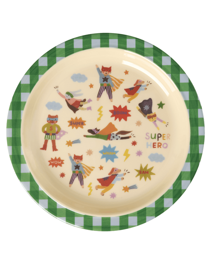 ri-KIPL-HERO - rice - Melamine Kids Lunch Platte with Hero Print green