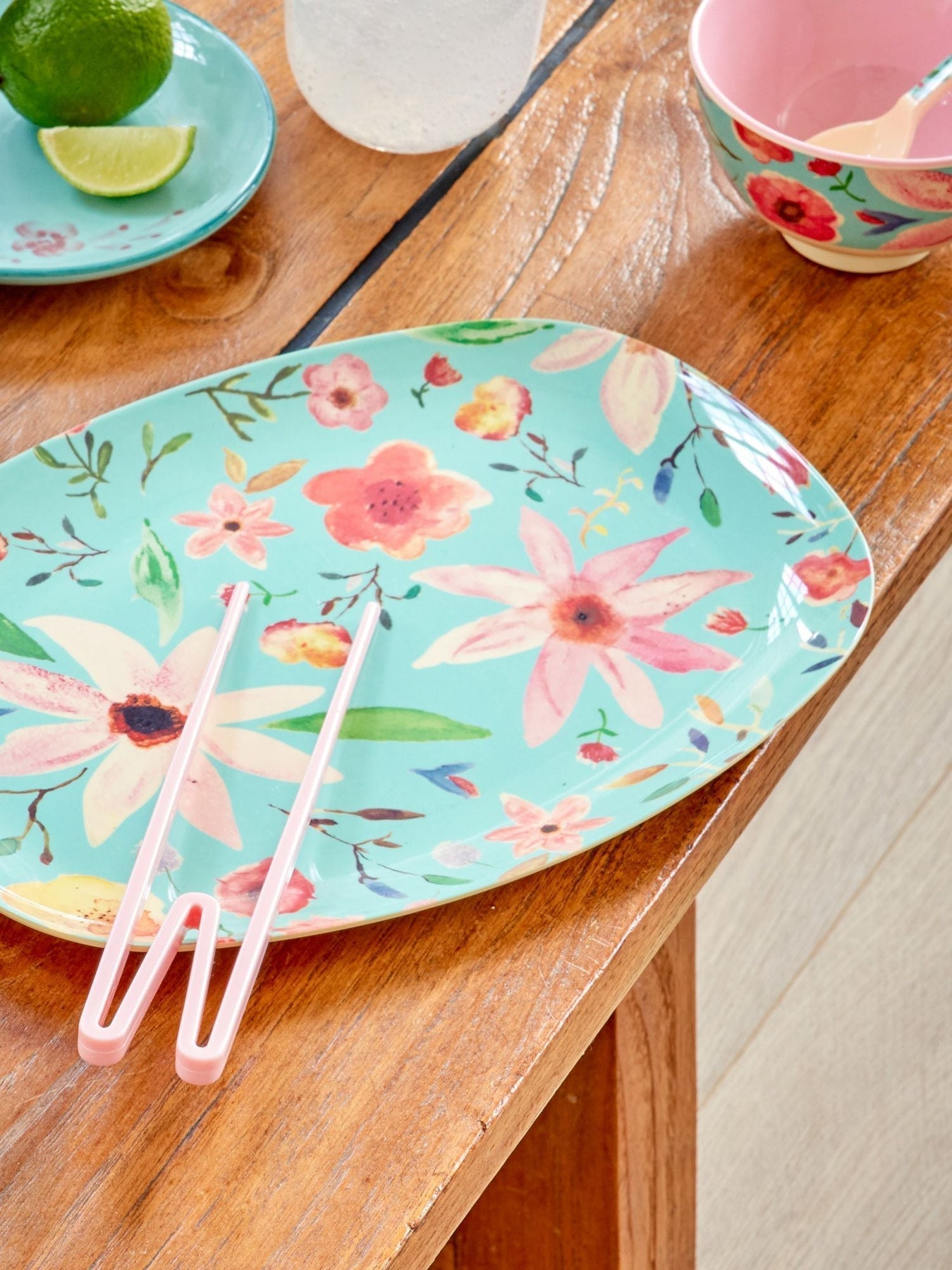 RI - MELPL - SELFLMI - rice - Melamine Rectangular Plate with Selma Flower Print - Mint