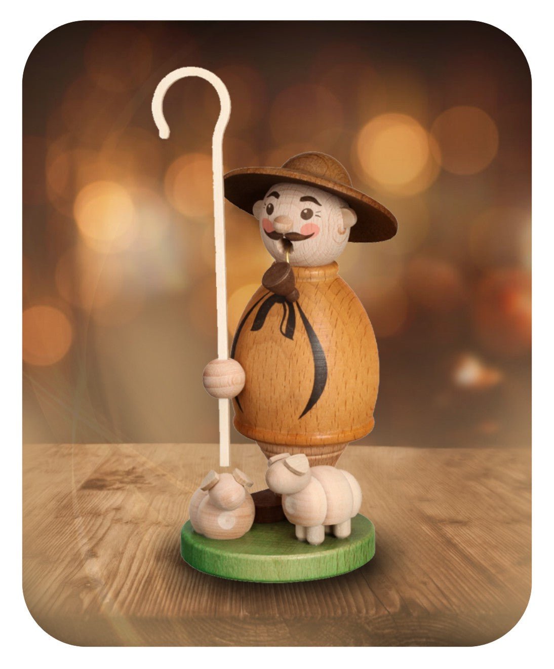 ZEI - 5222 - Zeidler Holzkunst - Profese - Kouřící postavička pastýře se 2 ovečkami - 16 cm