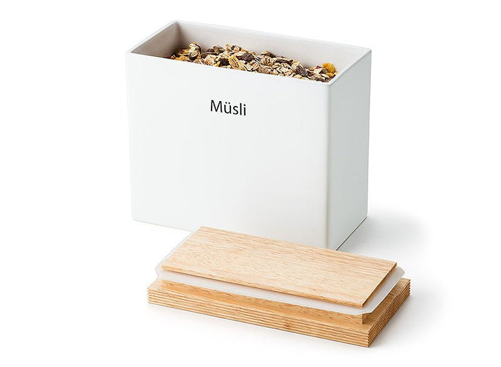 3927000 - Continenta - Vorratsdose Keramik mit Holzdeckel, weiß 20x10x14,5cm