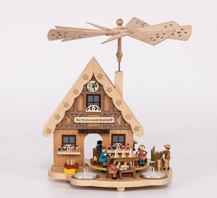 RGL-16254 - Glässer Volkskunst Tischpyramide Haus Schauwerkstatt für Teelichter, 29cm