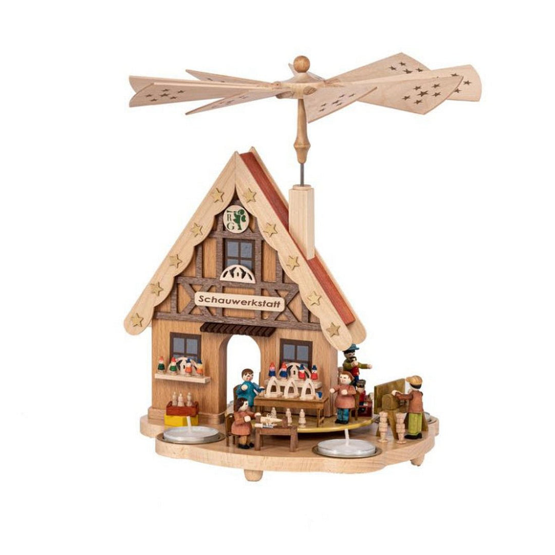 RGL-16254 - Glässer Volkskunst Tischpyramide Haus Schauwerkstatt für Teelichter, 29cm