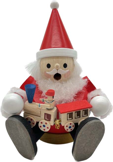 RGL - 26498 - Kugelrauchmann Santa mit Eisenbahn, sitzend, Glässer Volkskunst, 15cm