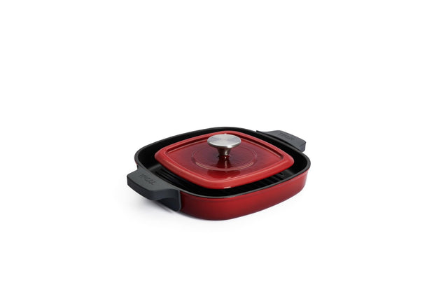 WO624 - 2CI - 010 - WOLL 'Iron Steakpfanne mit Rillen und Steakpresse in Chili Red 24x24 cm, 4,5cm'